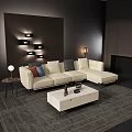 Modern Beige L-shaped Sofa and Coffee Table Set with Throw Pillows and Wall Sconces 3d model