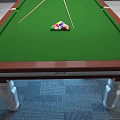 Billiard Table With Green Felt Surface Colored Balls Cues And Colorful Balloons Under Table