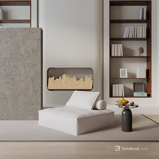 Modern White Upholstered Leisure Chair With Side Table Fruits And City Skyline Bookshelf 3d model 