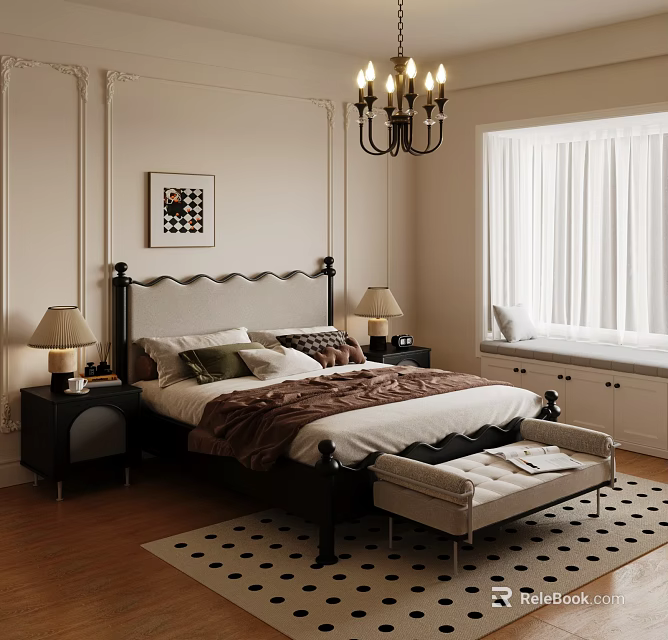 Elegant Bedroom With Dark Wooden Bed Upholstered Headboard Nightstands Lamps Chandelier And Patterned Rug 3d model 