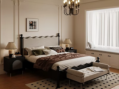Elegant Bedroom With Dark Wooden Bed Upholstered Headboard Nightstands Lamps Chandelier And Patterned Rug 3d model