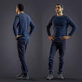 Man Wearing Navy Blue Sweater And Pants With Hands On Hips In Two Side Views