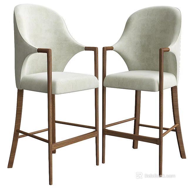 Modern Bar Stools with Light Upholstered Seats Wooden Armrests and Curved Backrest 3d model 