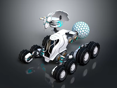 White Sci Fi Robotic Explorer With Sensor Antenna And Spherical Mechanical Creature 3d model