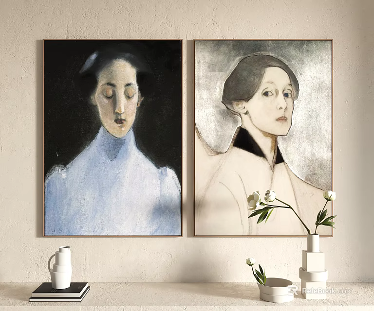Two Female Portrait Paintings Hung on Wall with Dark and Light Backgrounds and Decorative Vase 3d model 