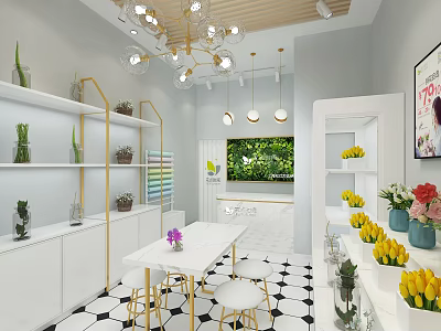 Modern Boutique Store Interior With White Gold Shelves Green Plant Wall and Fresh Flowers 3d model