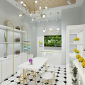 Modern Boutique Store Interior With White Gold Shelves Green Plant Wall and Fresh Flowers