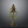 Ornate Decorative Sculpture With Golden Stem Green Leaves Red Flowers And Green Gold Base