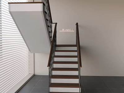 Modern Staircase Design With Wooden Steps Metal Railings And Dark Tile Floor Near Window Blinds 3d model