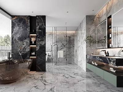 Luxurious Modern Bathroom With Marble Floors Walls Freestanding Bathtub Glass Shower Double Vanity Mirrors 3d model