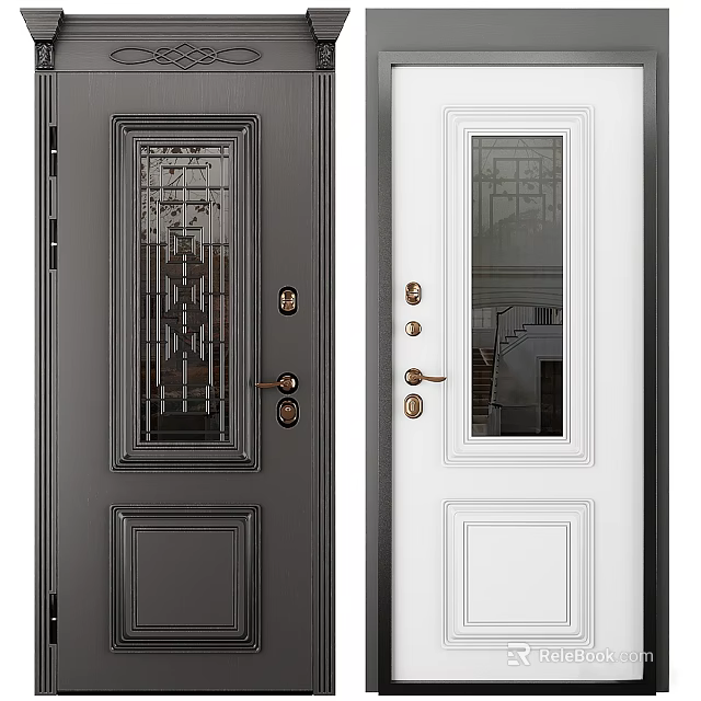Modern Dark Gray and White Swing Doors with Glass Panels and Metal Handles 3d model 