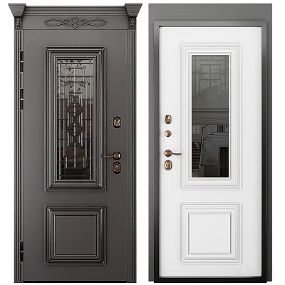 Modern Dark Gray and White Swing Doors with Glass Panels and Metal Handles 3d model