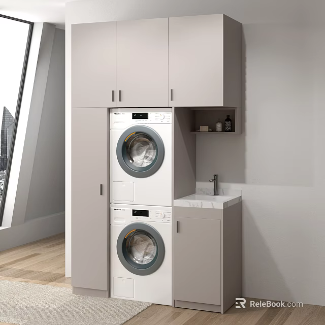 Elegant Modern Bathroom Sink Area With Washing Machine Dryer And Marble Countertop Cabinets 3d model 