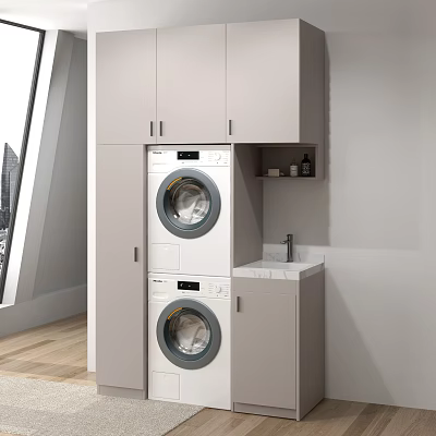 Elegant Modern Bathroom Sink Area With Washing Machine Dryer And Marble Countertop Cabinets 3d model