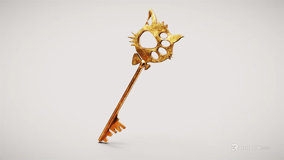 Golden Key Shaped Jewelry With Unique Cat Face Design And Decorative Details 3d model 