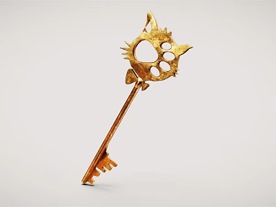 Golden Key Shaped Jewelry With Unique Cat Face Design And Decorative Details 3d model