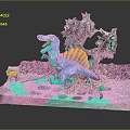Vibrant Dinosaur Scene With Blue Dinosaur Yellow Fin Open Mouth Green Plants Gravel Ground