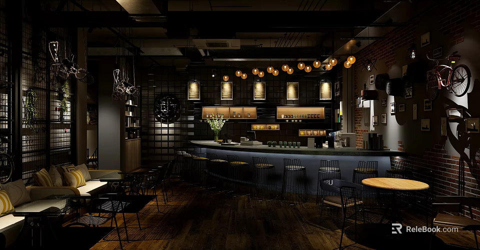 Modern Industrial Café Interior With Bar Counter High Stools Pendant Lights And Wooden Floors 3d model 