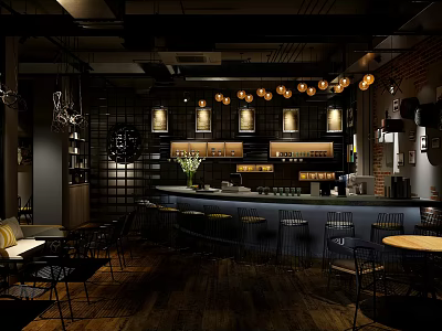 Modern Industrial Café Interior With Bar Counter High Stools Pendant Lights And Wooden Floors 3d model