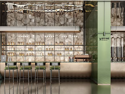 Modern Bar Interior With Stone Wall Background Bar Counter Green Pillar And Shelves With Bottles 3d model
