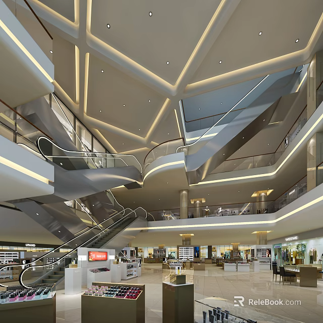 Shopping Mall Atrium with Modern Lighting Multi Level Escalators and Open Space Design 3d model 