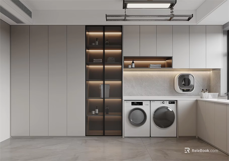 Modern Minimalist Laundry Room With Washing Machine Dryer Cabinets And Glass Shelves 3d model 