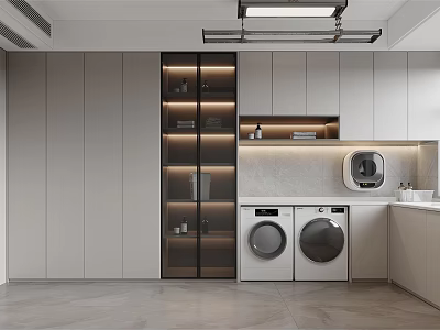 Modern Minimalist Laundry Room With Washing Machine Dryer Cabinets And Glass Shelves 3d model