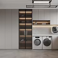 Modern Minimalist Laundry Room With Washing Machine Dryer Cabinets And Glass Shelves