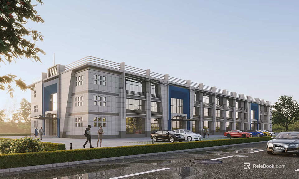 Modern Office Building With Glass Facade Blue Accents Lawn Parking Lot And Pedestrians 3d model 