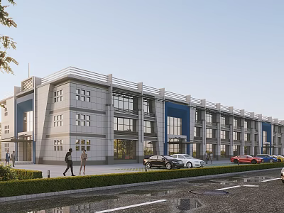 Modern Office Building With Glass Facade Blue Accents Lawn Parking Lot And Pedestrians 3d model