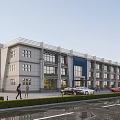 Modern Office Building With Glass Facade Blue Accents Lawn Parking Lot And Pedestrians
