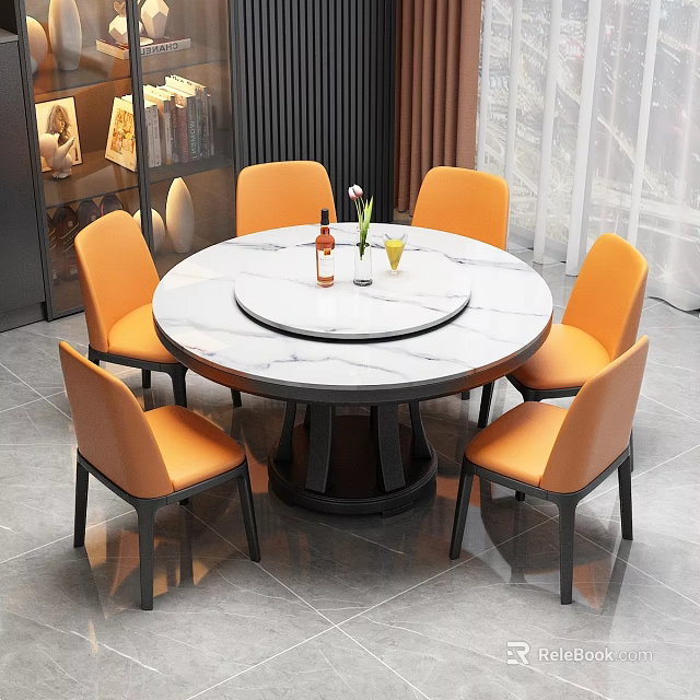 Round Marble Dining Table Set With Six Orange Upholstered Chairs And Central Turntable 3d model 