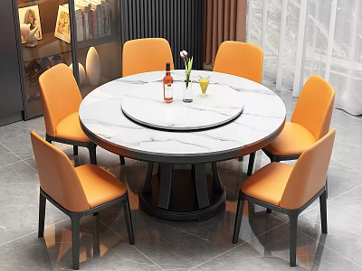Round Marble Dining Table Set With Six Orange Upholstered Chairs And Central Turntable 3d model