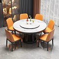 Round Marble Dining Table Set With Six Orange Upholstered Chairs And Central Turntable 3d model