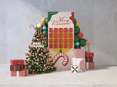 Festive Christmas Photo Spot With Decorated Tree Gift Boxes Balloons And Candy Canes 3d model