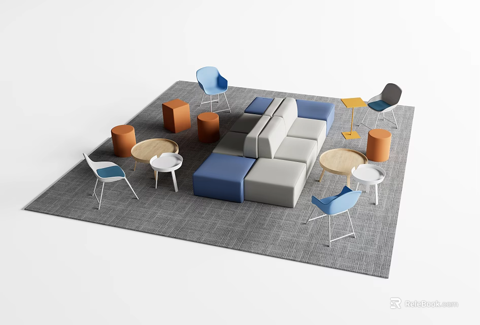 Modern Modular Blue Gray Sofa Coffee Table Set with Colorful Accent Chairs and Orange Stools 3d model 