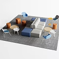 Modern Modular Blue Gray Sofa Coffee Table Set with Colorful Accent Chairs and Orange Stools 3d model