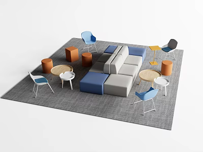 Modern Modular Blue Gray Sofa Coffee Table Set with Colorful Accent Chairs and Orange Stools 3d model