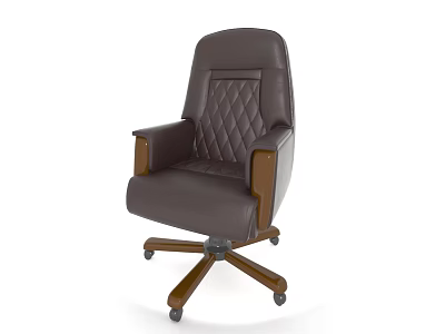 Brown Leather Office Chair With Diamond Quilted Backrest Wooden Arms And Five Point Base Wheels 3d model