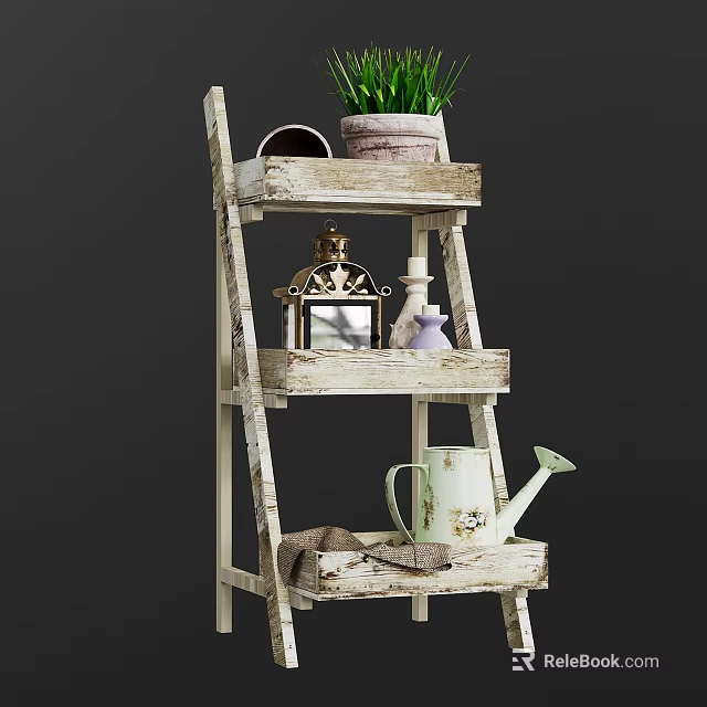 Vintage Wooden Ladder Shelf with Potted Plant Photo Frame and Watering Can Decor 3d model 