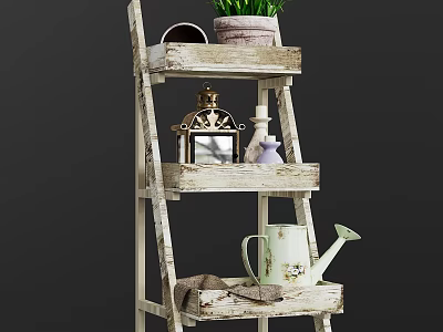 Vintage Wooden Ladder Shelf with Potted Plant Photo Frame and Watering Can Decor 3d model