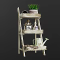 Vintage Wooden Ladder Shelf with Potted Plant Photo Frame and Watering Can Decor