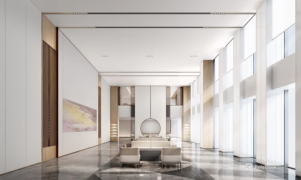 Spacious Modern Hotel Lobby With Large Windows Round Art Installation Sofa Seating And Marble Flooring 3d model 
