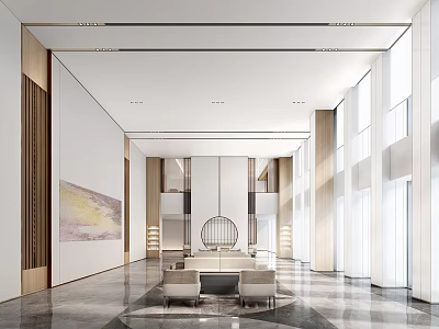 Spacious Modern Hotel Lobby With Large Windows Round Art Installation Sofa Seating And Marble Flooring 3d model