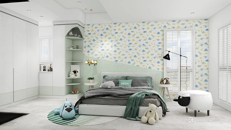 Cozy Kids Bedroom With Dinosaur Patterned Wallpaper Plush Toys And Light Green Decor 3d model 