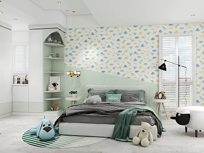 Cozy Kids Bedroom With Dinosaur Patterned Wallpaper Plush Toys And Light Green Decor 3d model