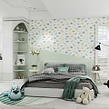 Cozy Kids Bedroom With Dinosaur Patterned Wallpaper Plush Toys And Light Green Decor