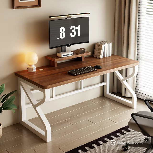 Modern Wooden Office Desk With White Legs Monitor Keyboard Mouse Table Lamp And Books 3d model 