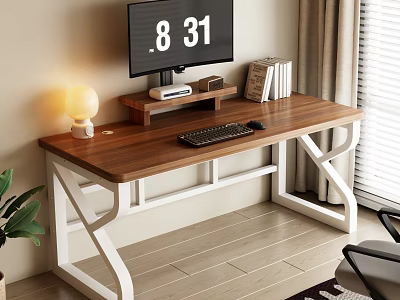 Modern Wooden Office Desk With White Legs Monitor Keyboard Mouse Table Lamp And Books 3d model