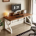 Modern Wooden Office Desk With White Legs Monitor Keyboard Mouse Table Lamp And Books